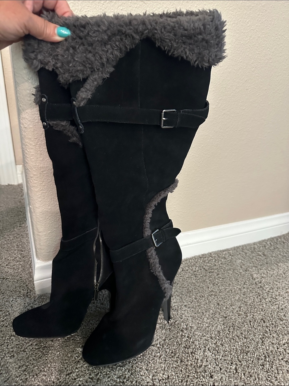 H by Halston Black Suede Over-the-Knee Boots with Gray Shearling Trim